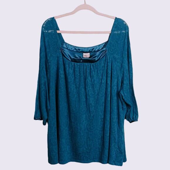 JUST MY SIZE Womens 4X (26W/28W) Blue Green Tunic Top Blouse Lace Sleeves Flowy‎ - Picture 1 of 10